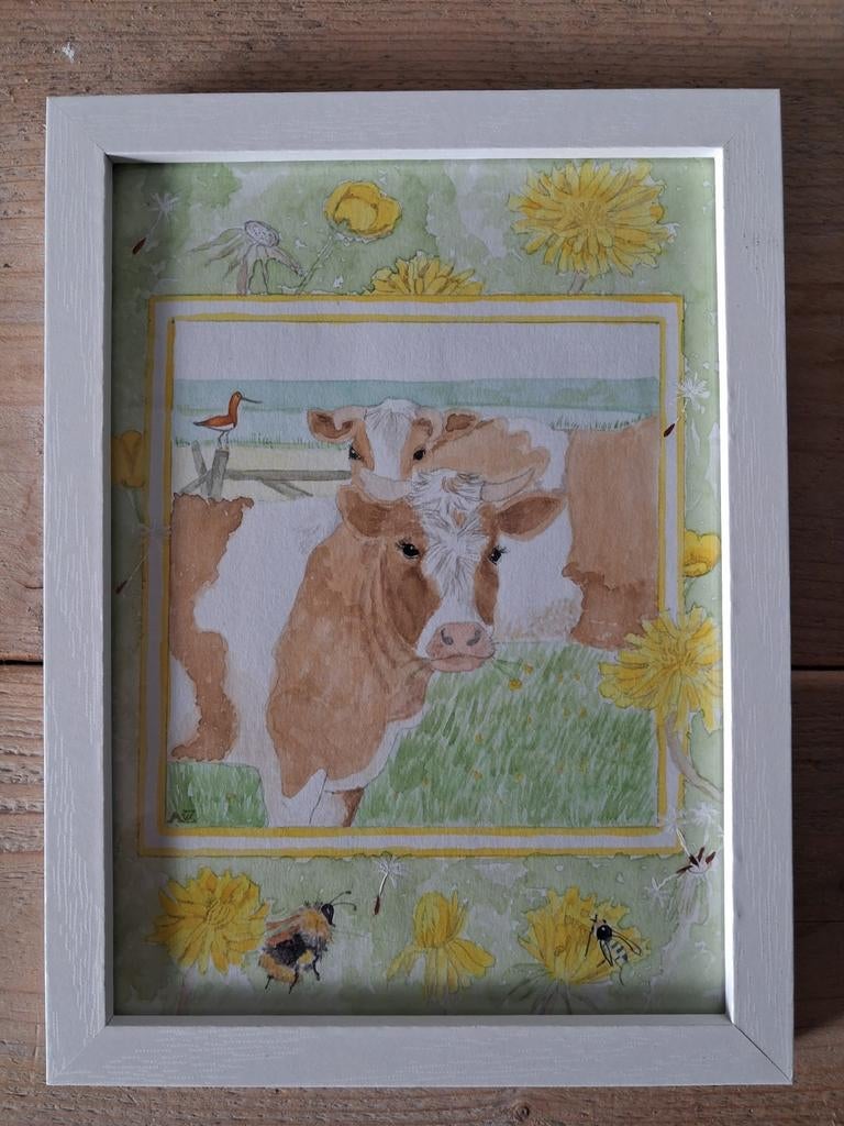 Aquarel: Koeien in de wei met bloemen, 20x15 cm, Antiek en Kunst, Ophalen of Verzenden