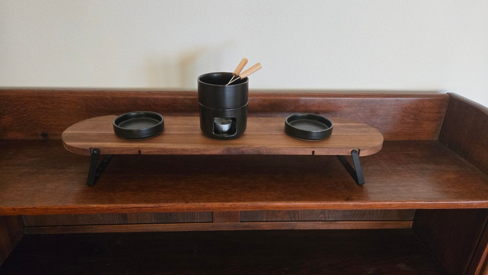 Stijlvolle Japandi 2 personen  fondueset met houten plateau, Ophalen, Zo goed als nieuw, Brander, Fondueset