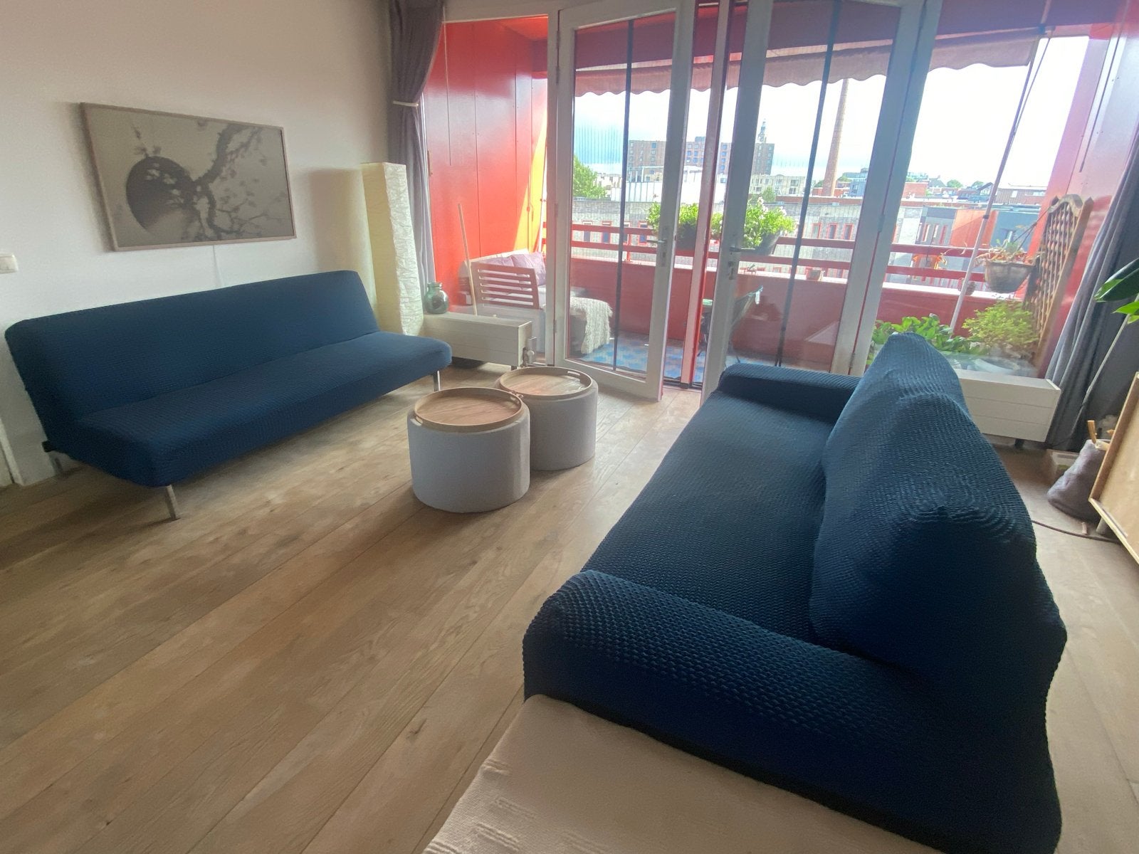 2 donkerblauwe bankhoezen zo goed als nieuw, per stuk € 30, Huis en Inrichting, Banken | Bankstellen, Ophalen, Driepersoons, 75 tot 100 cm
