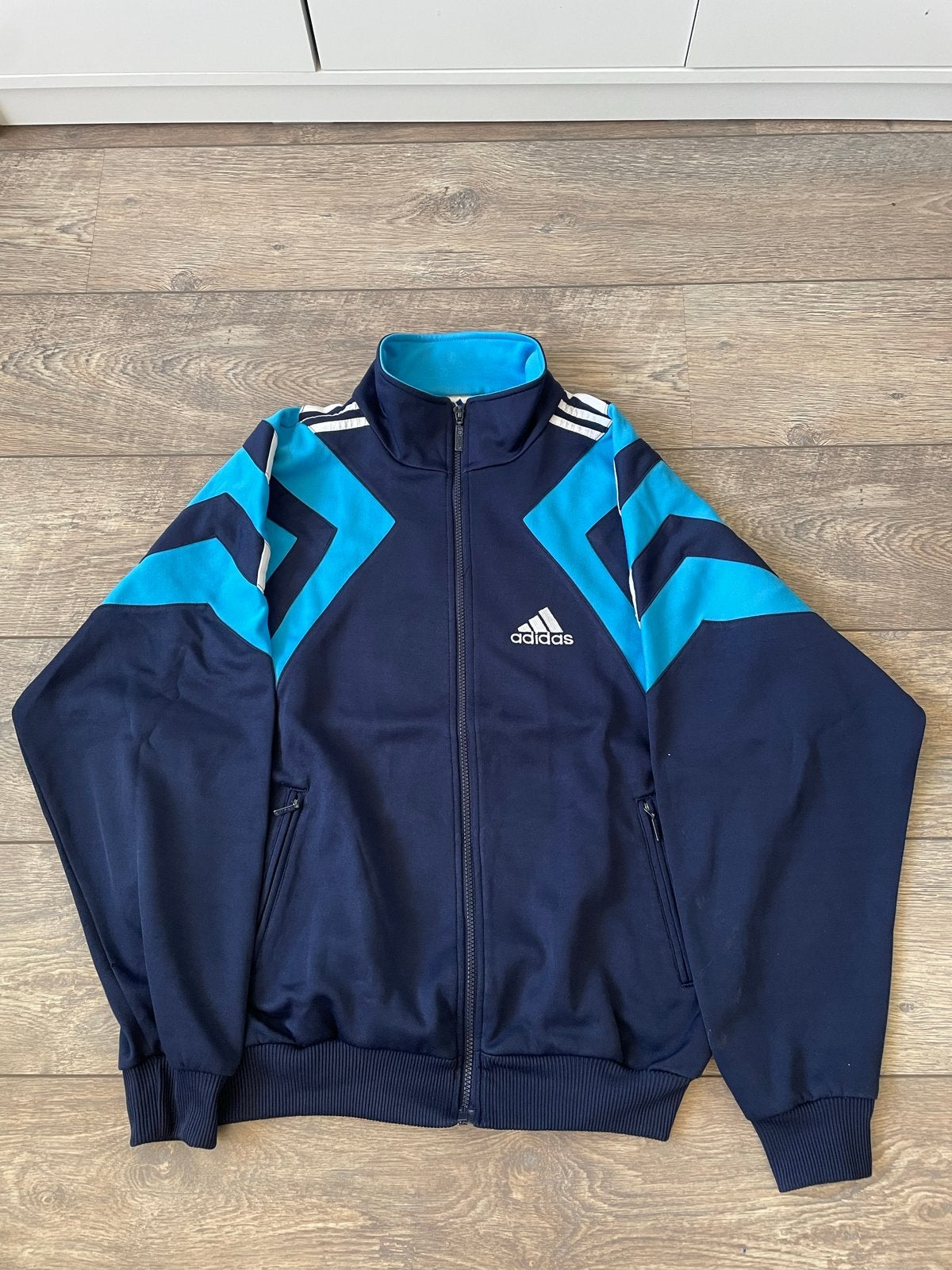 Vintage Adidas Trainingsjack - Blauw/Turquoise, Maat 38/40 (M), Blauw, Overige typen, Ophalen of Verzenden