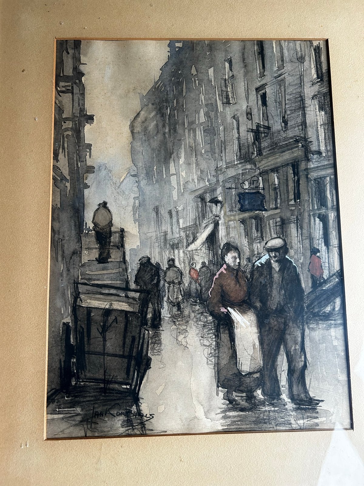 Stadsgezicht van de Jordaan. Jan Korthals (1916-1972), Ophalen, Impressionistisch, Gesigneerd, Aquarel