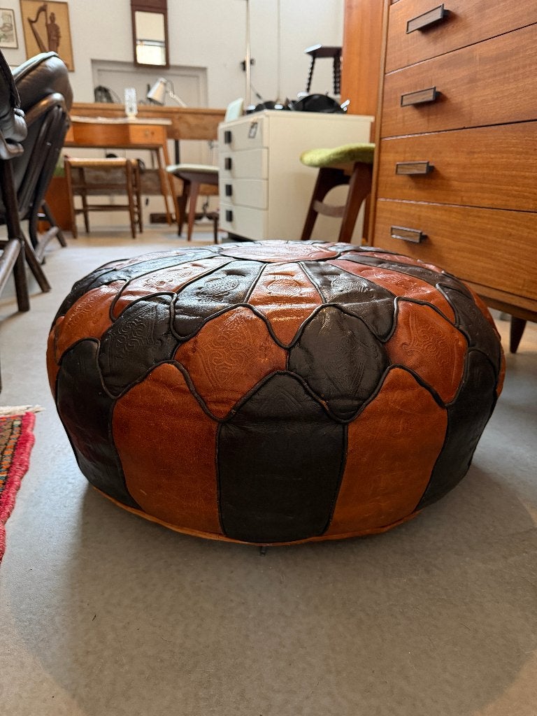 Vintage Marokkaanse poef, ottoman patchwork leren voetenbank, Ophalen, Gebruikt, -, -