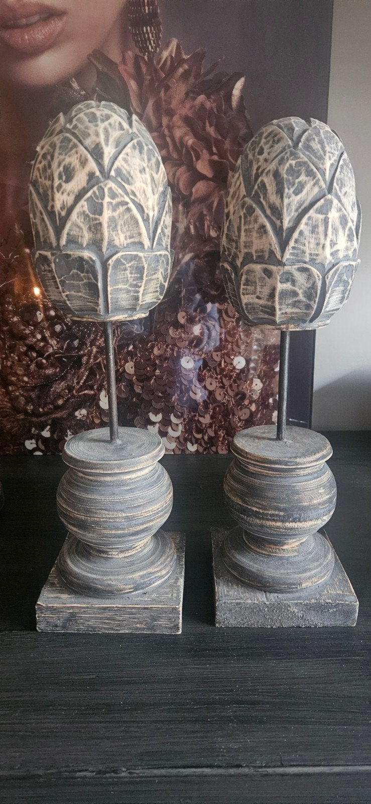 2 Landelijke console decoratie stukken 40 cm hoog, Ophalen, Hout, Grijs, Landelijk