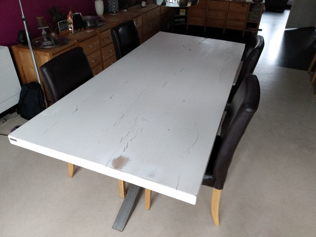 Goossens Eettafel Blend met Metalen Kruispoot-220x100x78 cm, Ophalen, Modern, Industrieel, Landelijk, Gebruikt, 200 cm of meer