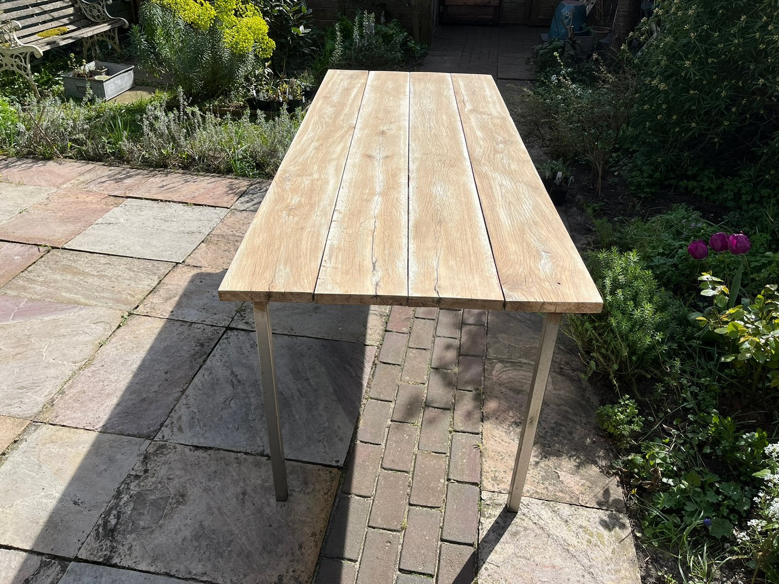 Tuintafel, rvs frame, blad van 4 massief eiken delen., Tuin en Terras, Tuintafels, Ophalen, Gebruikt, Rechthoekig, Rvs