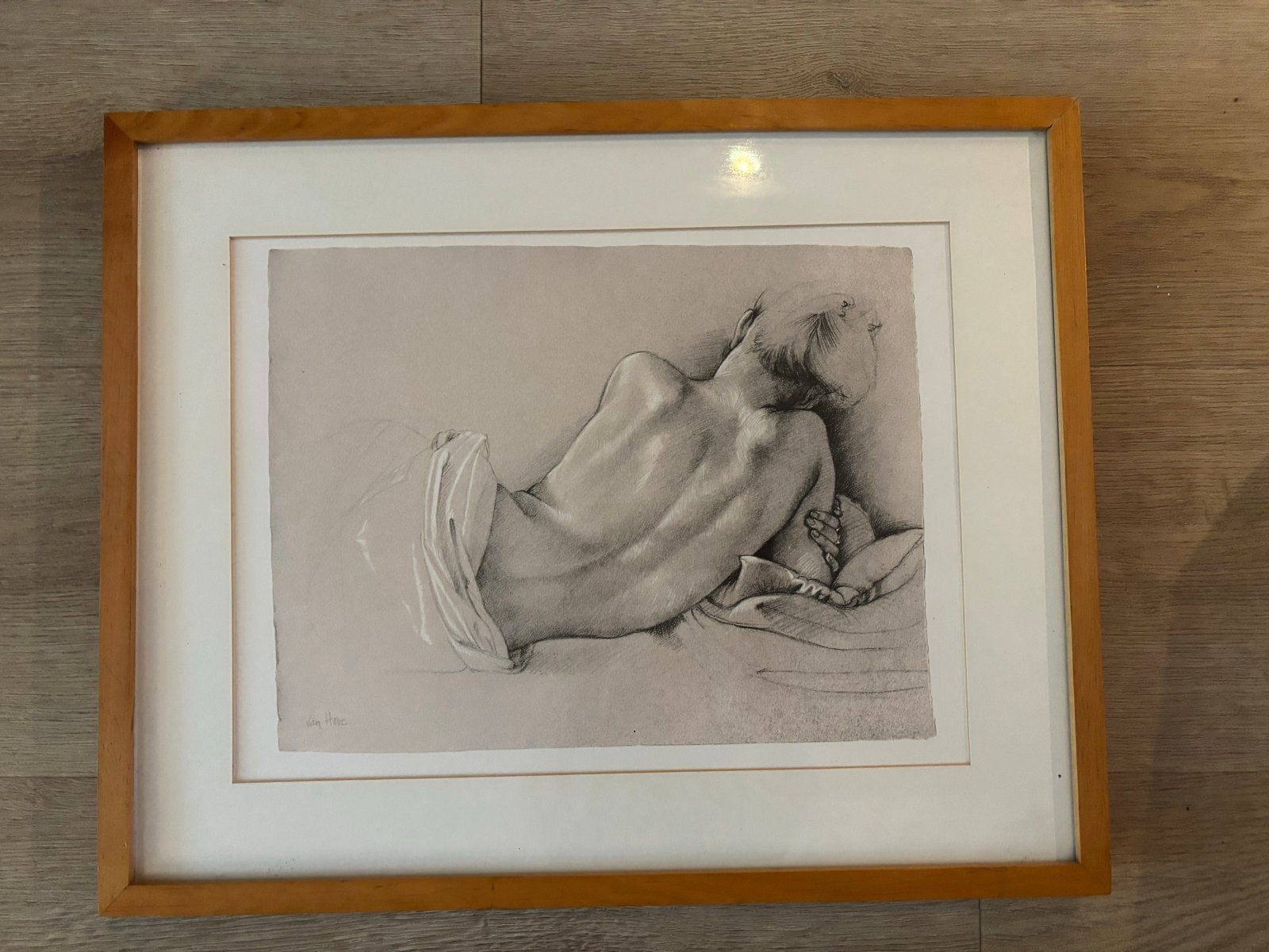 Ingelijste potloodtekening van liggend naakt, Ophalen of Verzenden, Tekening, Potloodtekening, Ingelijst