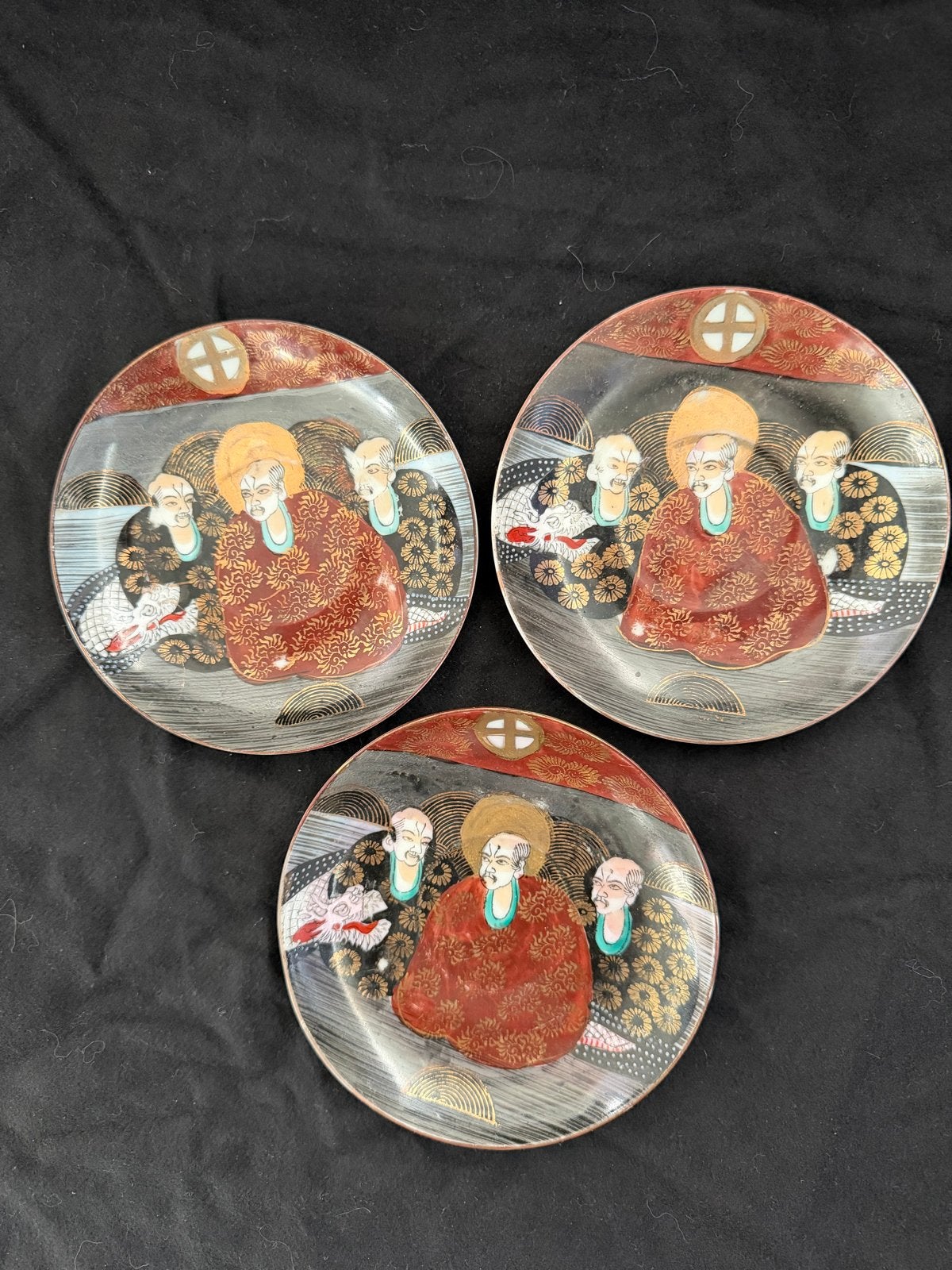 Set van 3 Antieke Japanse Satsuma Bordjes - 3 Wijzen met Dra, Ophalen of Verzenden