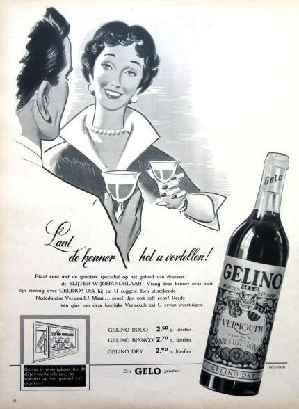 10 vintage advertenties Gelo Gelino drank 1954-56 Vermouth, Verzamelen, Ophalen of Verzenden, Gebruikt, Reclamebord