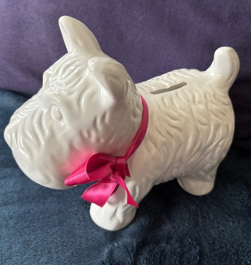 Spaarpot hondje witte terrier, Ophalen of Verzenden, Gebruikt, Steen, Aardewerk of Keramiek, Dier