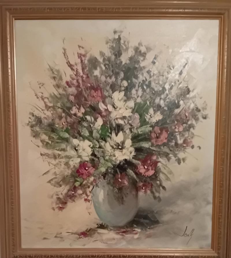 Groot olieverf schilderij stilleven schilder Jonk,Nr 2, Antiek en Kunst, Ophalen, Overige materialen, Olieverf, Bloemen
