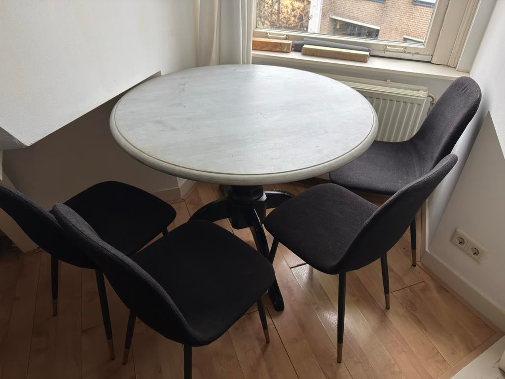 Ronde eettafel met 4 stoelen, Gebruikt, 100 tot 150 cm, Rond, Ophalen of Verzenden