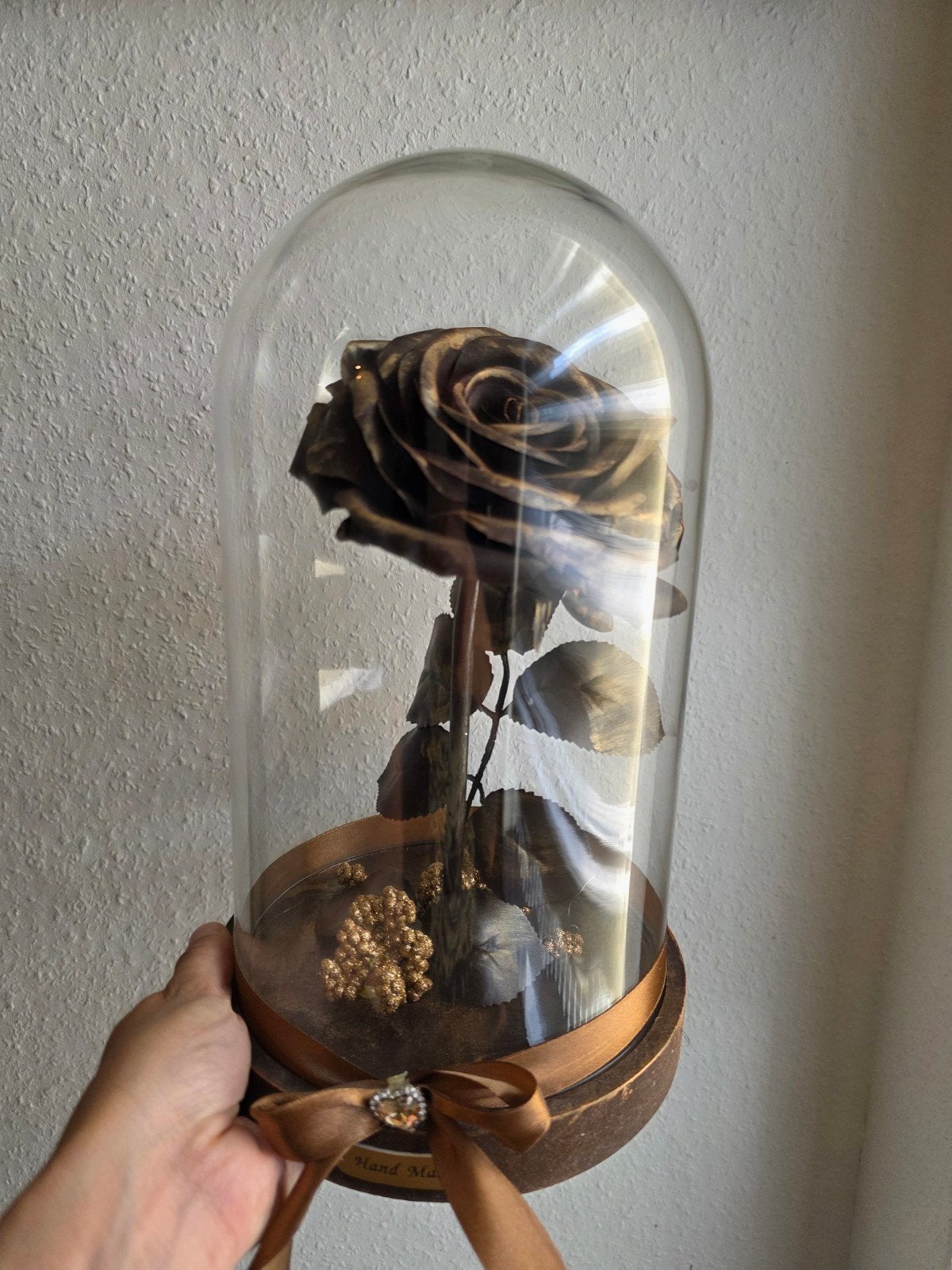 Gouden Roos in Glazen Stolp - Handgemaakt Cadeau, Ophalen, Nieuw, Glas, Goud