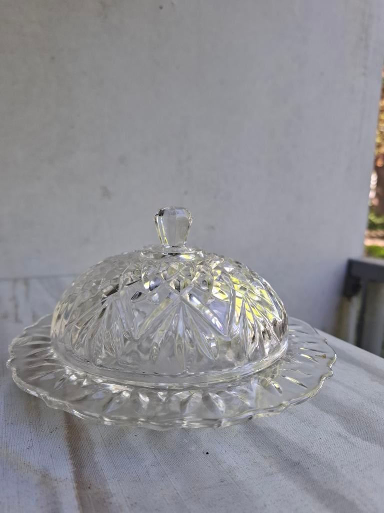 Vintage Glazen botervloot met deksel - Kristalpatroon, Antiek en Kunst, Ophalen of Verzenden