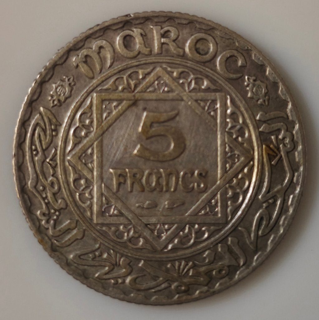 Zilveren Marokko 5 Francs 1352 1934 Empire Cherifien Maroc, Ophalen of Verzenden, Overige landen, Losse munt, Zilver