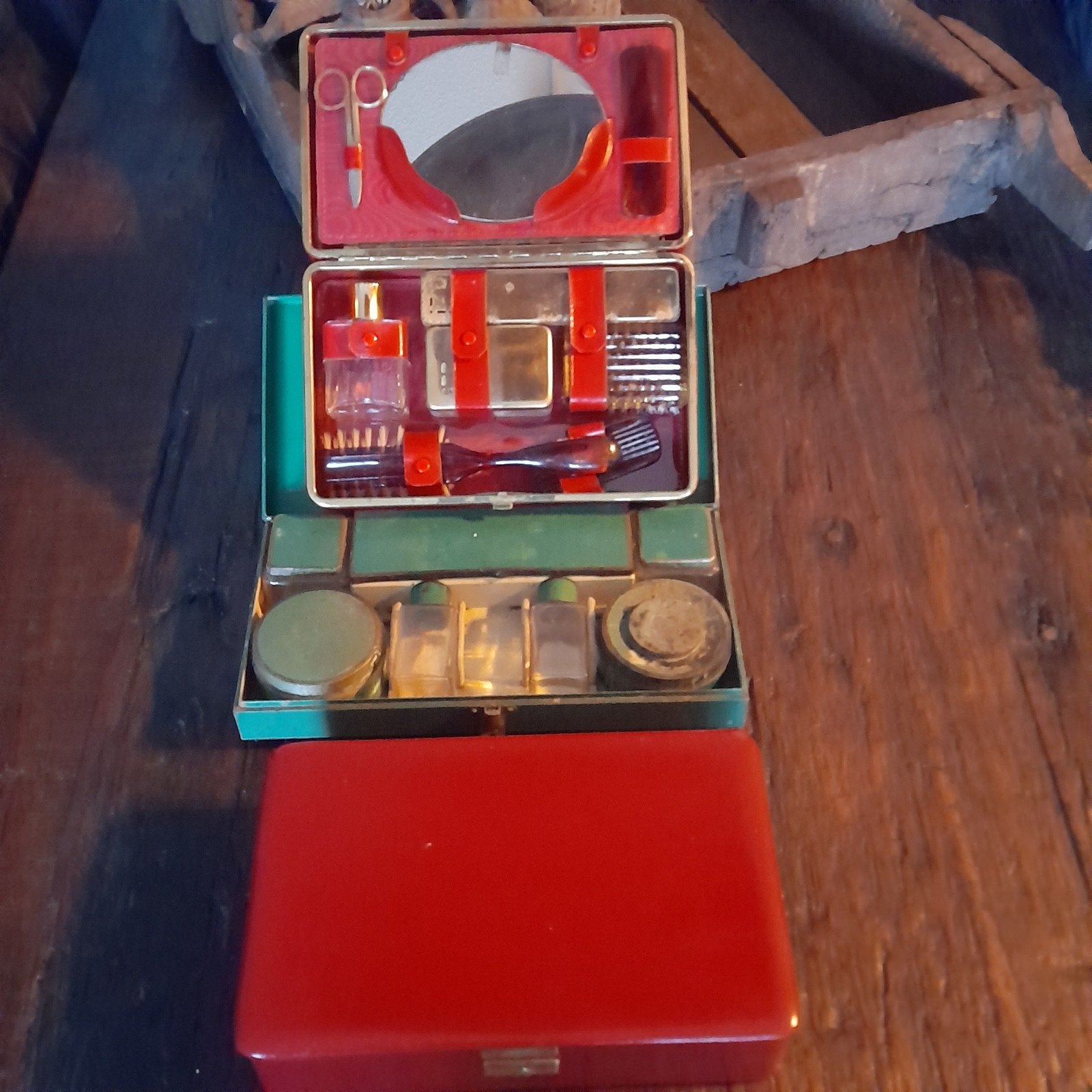 Vintage reis toiletset - sieradenkist en blikken reisset, Ophalen of Verzenden
