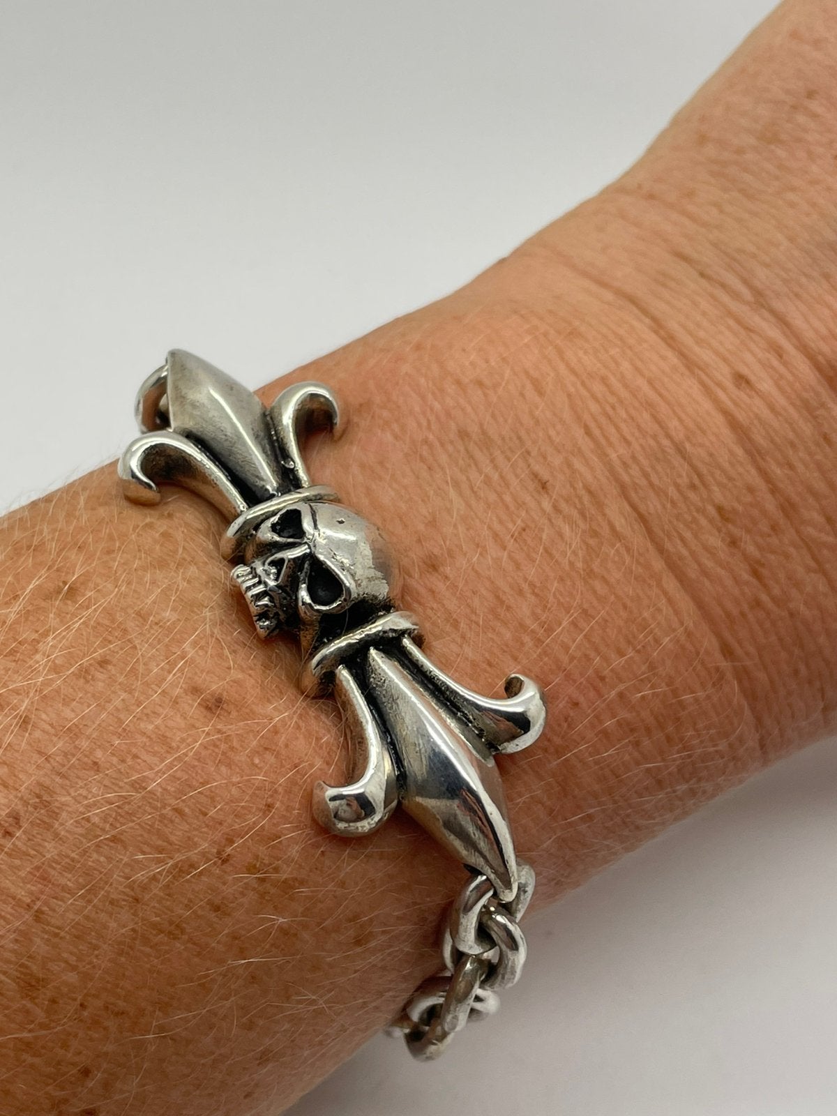 F641 Prachtige zilveren robuuste skull armband, Ophalen of Verzenden, X, Zilver, Zilver