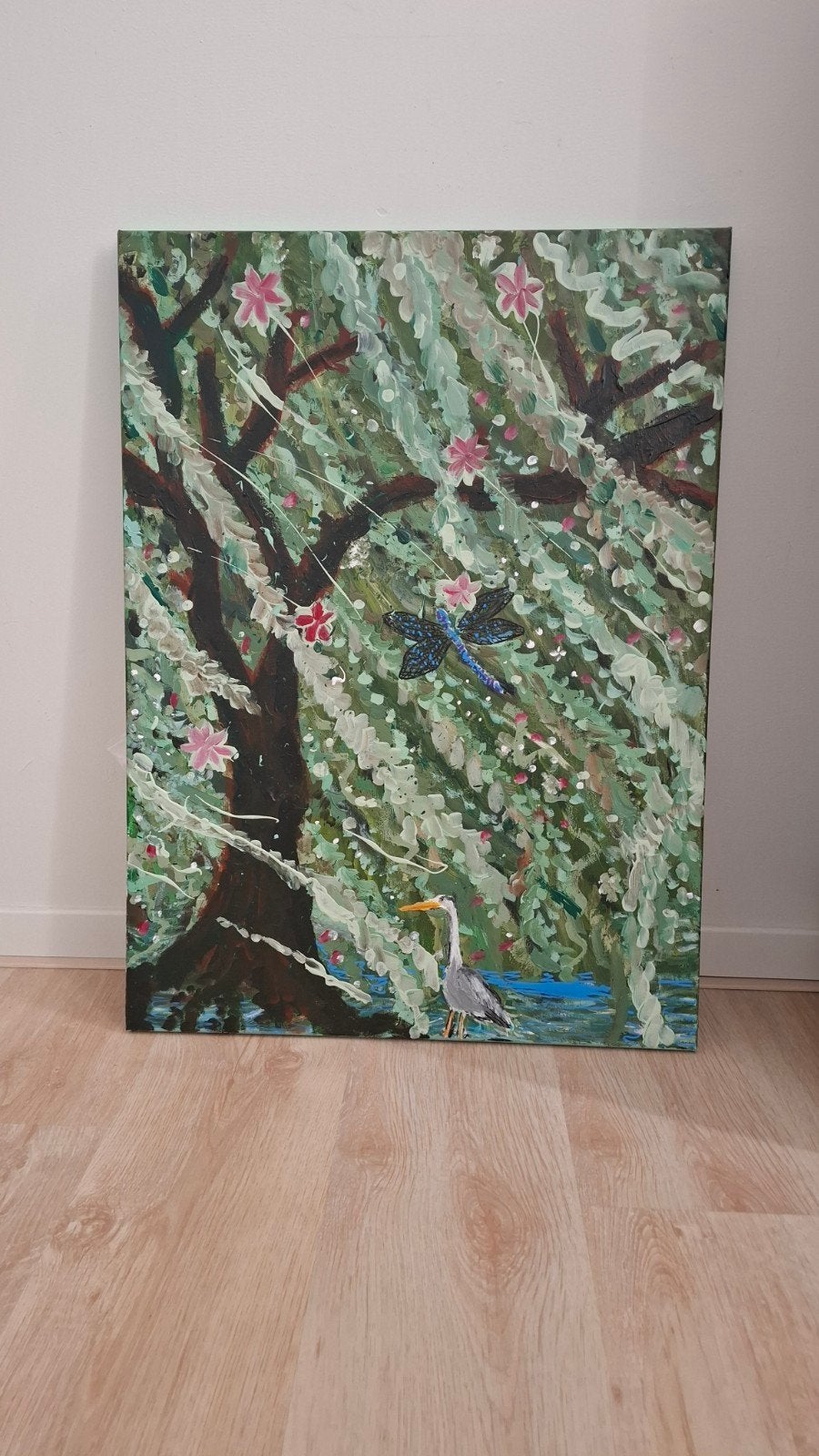 Schilderij Bayou Louisiana: Bloeiende Natuur & Reiger, Acrylverf, Doek, Realistisch, Ophalen of Verzenden