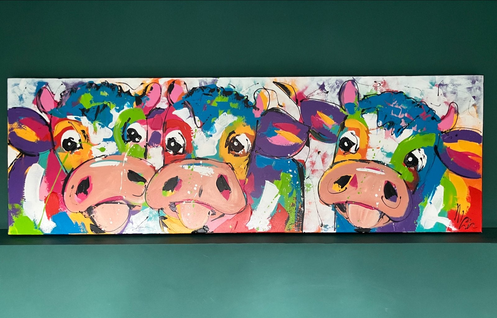 Kleurrijk Koeien Schilderij- verf op doek - 150x50 cm, Ophalen, Acrylverf, Handgeschilderd, Dieren