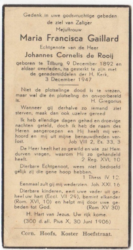 Maria Francisca Gaillard 1892 Tilburg + 1947 Tilburg, 54 jr, Ophalen of Verzenden