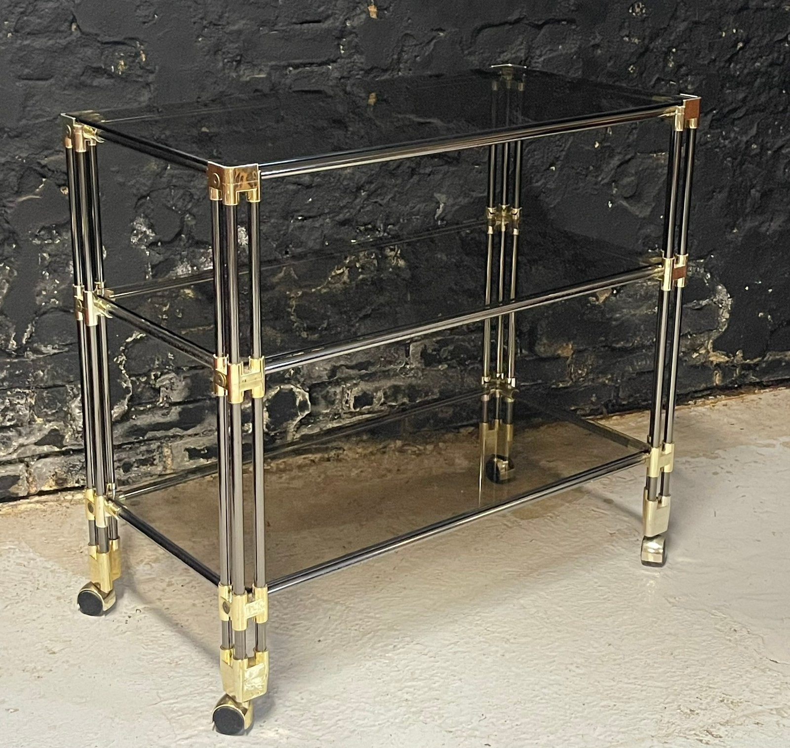 vintage barcart trolley sidetable van Roche Bobois rookglas, Ophalen, Vintage jaren 70 80 Hollywood Regency Design Roche Bobois