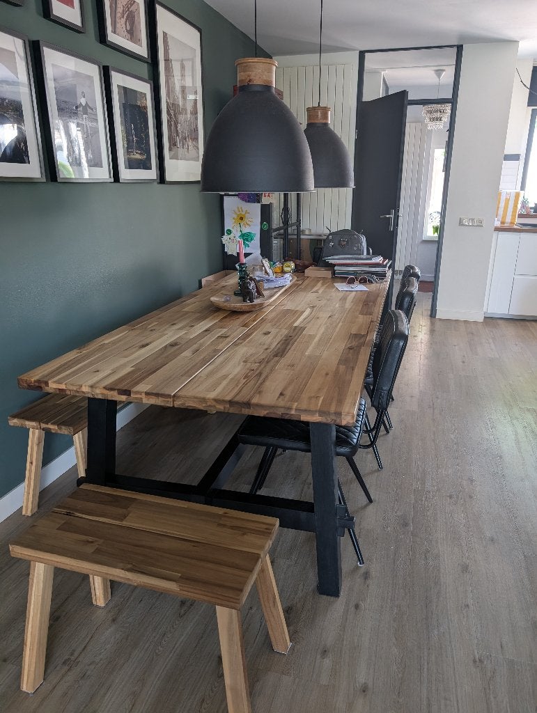 SKOGSTA eettafel inclusief bank en 4 stoelen, Ophalen, Gebruikt, 200 cm of meer, 50 tot 100 cm
