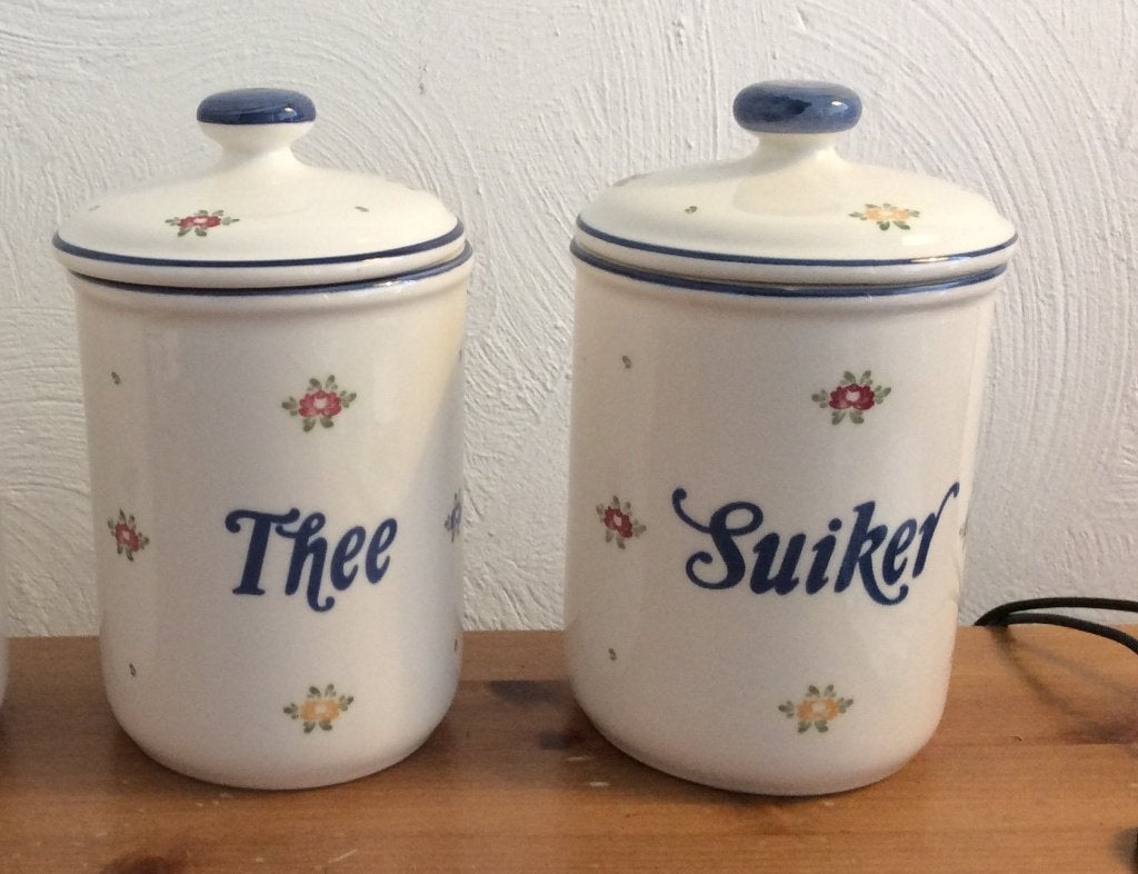 Vintage zeller fayencerie 1794 germany set 2 voorraadpotten, Voorraadpot, Ophalen of Verzenden, Zo goed als nieuw, Papier/karton