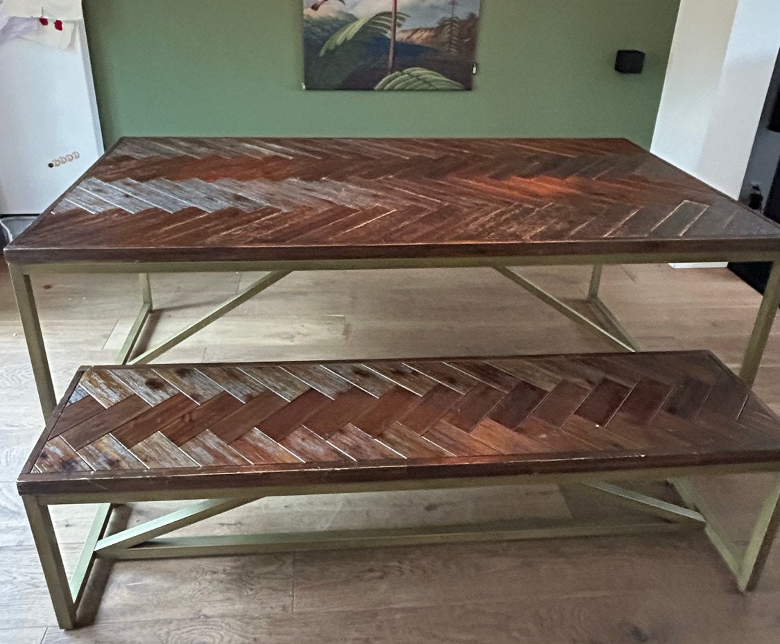 Eettafel met bankje, visgraatmotief en metalen onderstel, Ophalen, Gebruikt, 200 cm of meer, 50 tot 100 cm