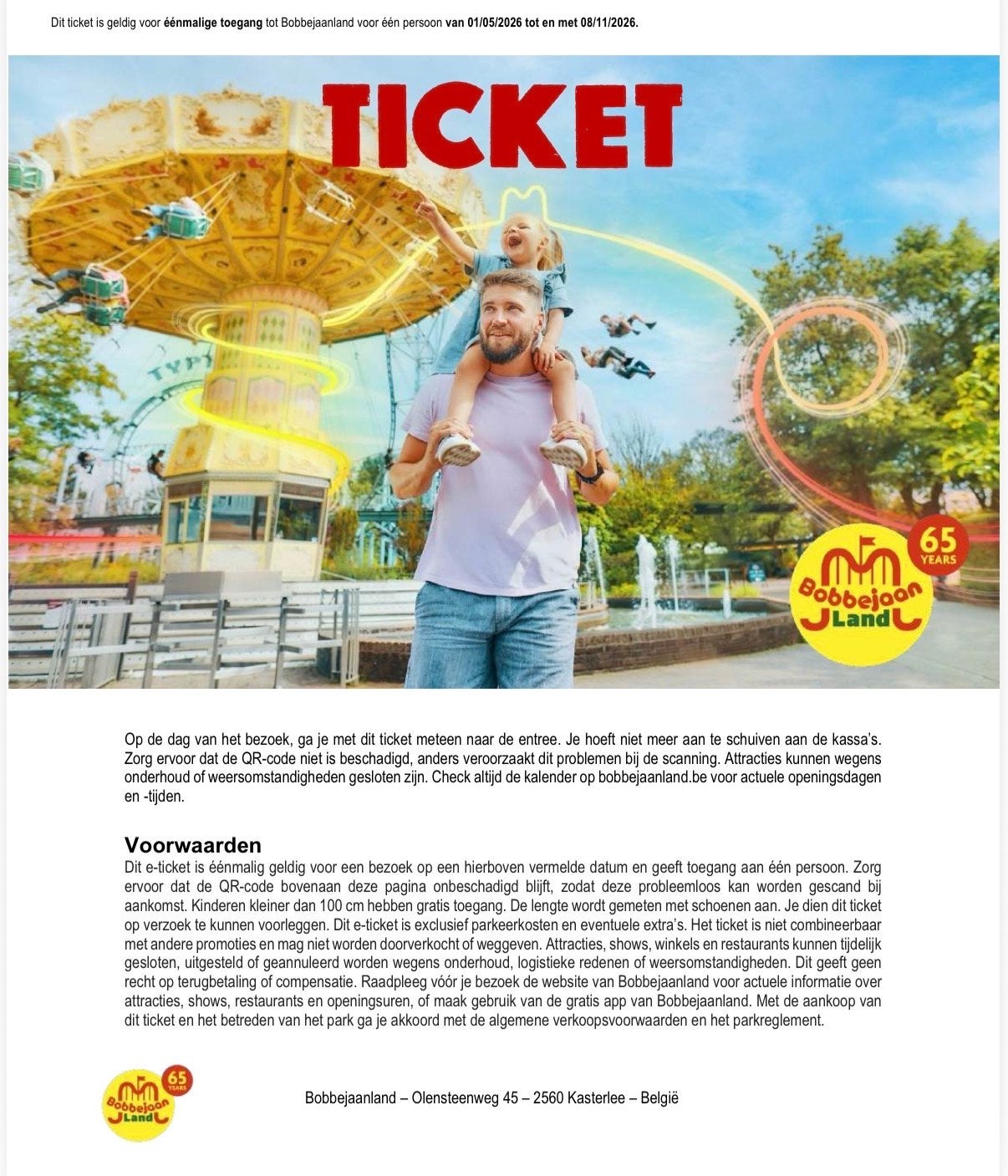 3 tickets voor Bobbejaanland, Drie personen of meer, Ticket of Toegangskaart