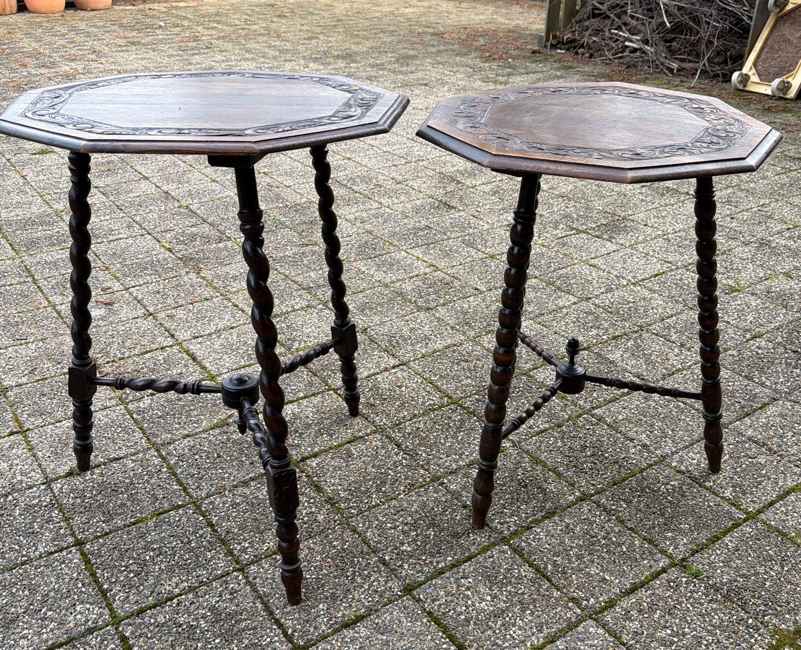 2 antieke eiken bijzettafels – barley twist poten – ca. 1900, Antiek en Kunst, Ophalen