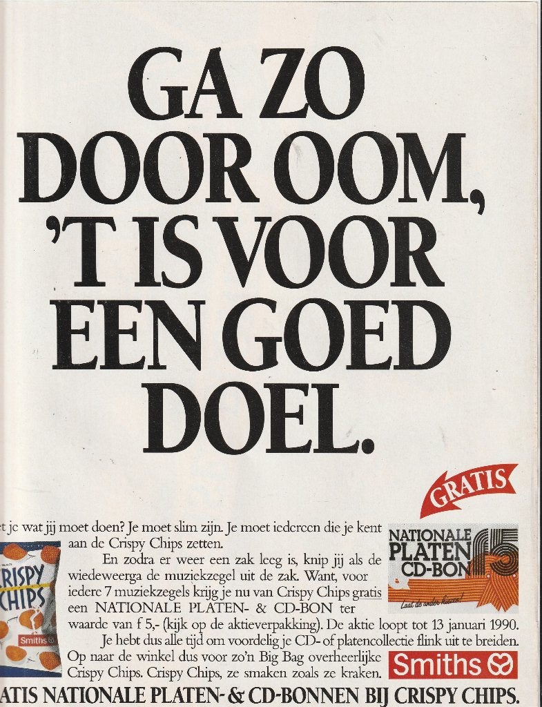 Retro reclame 1989 Smiths chips win een platenbon, Verzenden, Overige typen