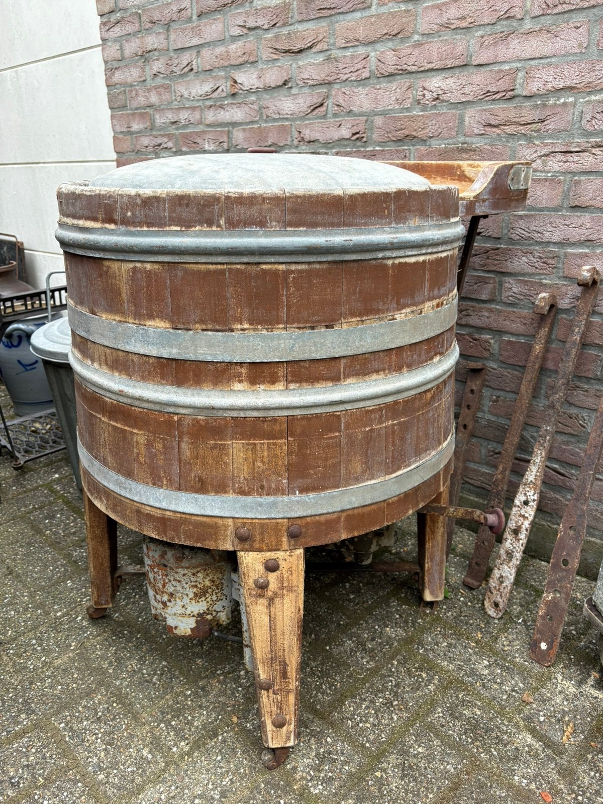 Antieke wasmachine van hout, Tuin en Terras, 150 liter of meer, Ophalen, Zo goed als nieuw, Hout