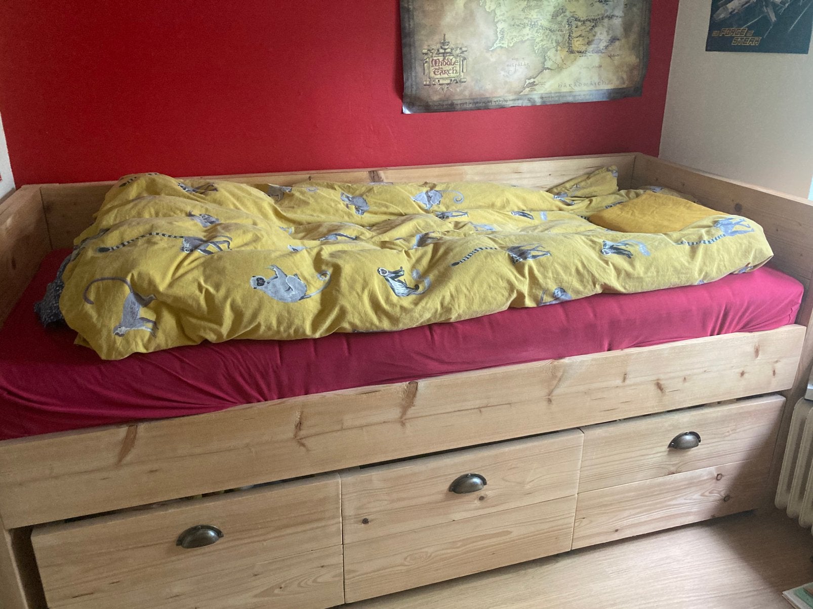 Steigerhouten bed 80 x 200 met 3 grote lades (en matras), Ophalen, 85 tot 100 cm, Zo goed als nieuw, Matras