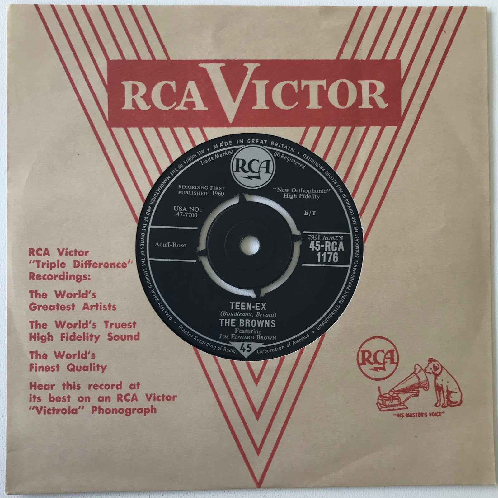 The Browns - Teen-Ex / The Old Lamplighter (1960) 7 inch vin, Gebruikt, Originele persing, 7 inch, Ophalen of Verzenden