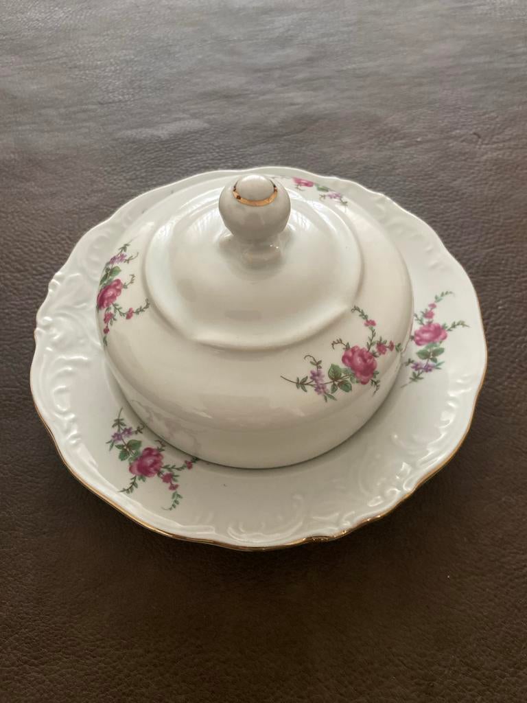 Antieke botervloot met bloemmotief gouden rand, Antiek en Kunst, Antiek | Servies los, Ophalen of Verzenden