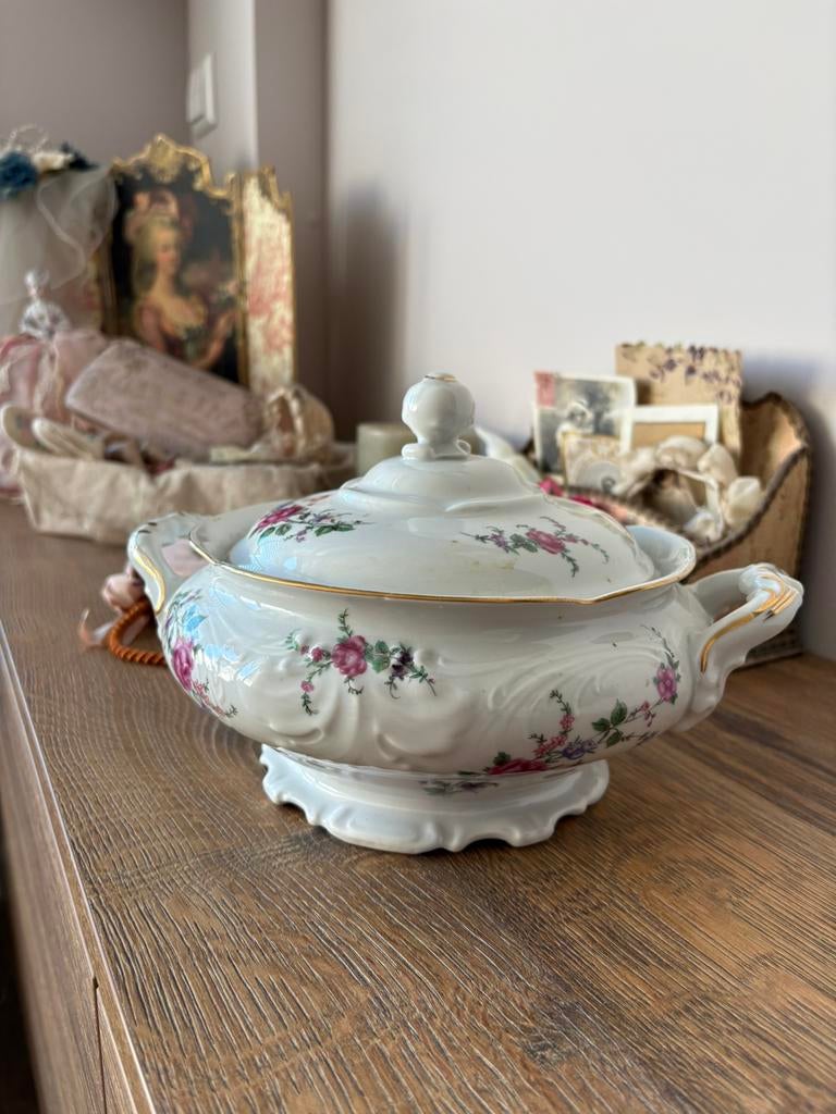 Brocante dekschaal met bloemen, Ophalen of Verzenden