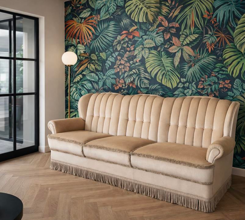Bank Sofa Vintage.Nieuw gestoffeerd Franje barok beige TOP, Ophalen