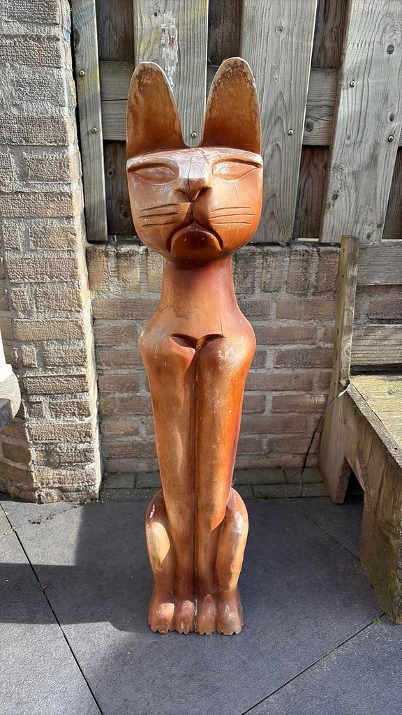 Groot houten katten beeld / vintage, Verzamelen, Beelden en Beeldjes, Ophalen, Gebruikt, Dier