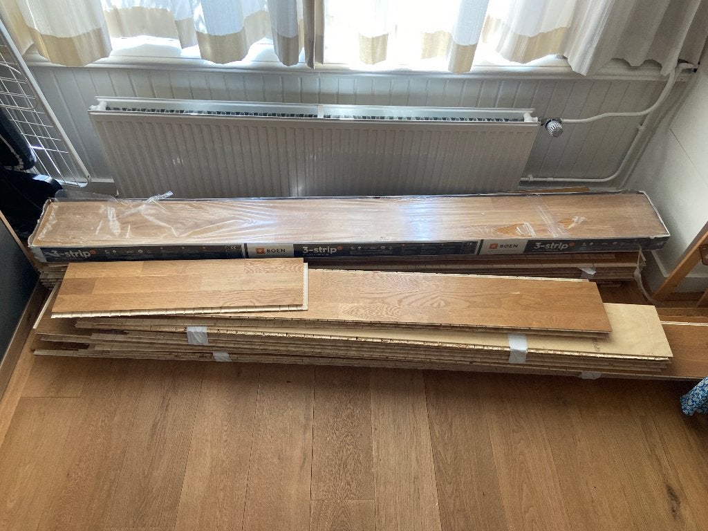 Restpartij eiken parket A-klasse (oa Boen) 3.5-4mm, ca. 13m2, Ophalen, Gebruikt, 10 tot 25 m², Parket