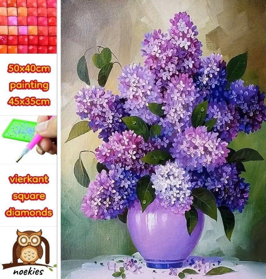 50x40cm Diamond Painting vaas bloemen paars (vierkant) nr 11, Verzenden, Nieuw, Natuur en Bloemen, Overige materialen