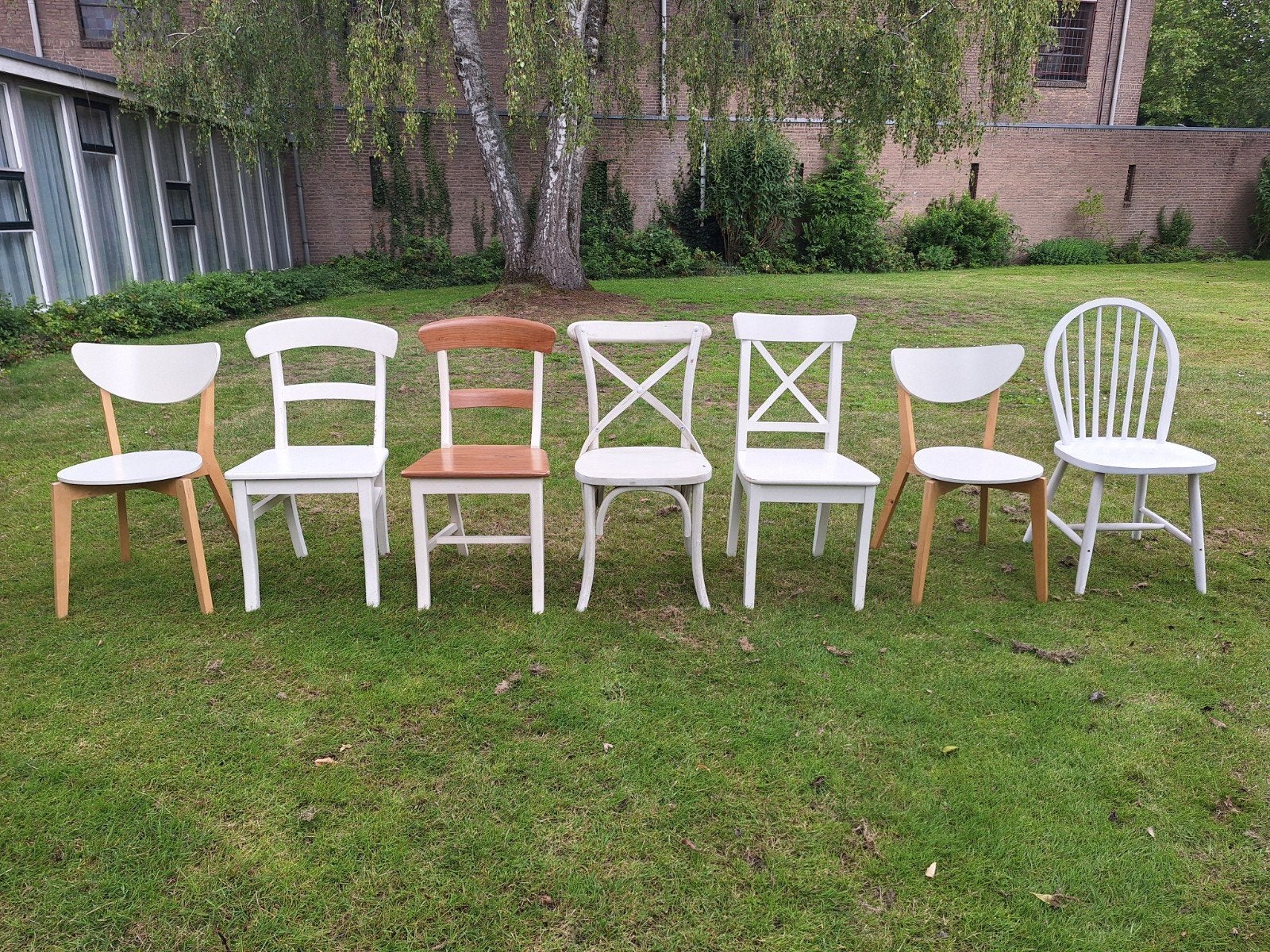 Diverse stoelen - set van 7, wit en hout, Ophalen, Gebruikt, Wit, Diverse stijlen, eclectisch, landelijk, modern