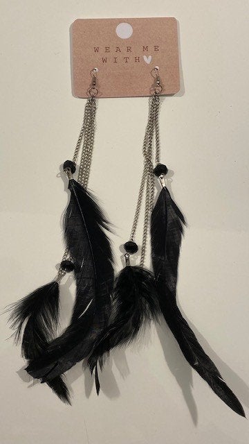 Oorbellen met zwarte veren, Overige materialen, Hangers, Zwart, Nieuw
