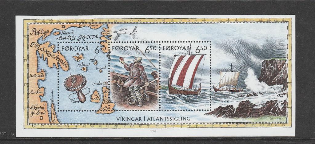 Faroer blok Vikingen op de Atlantische Oceaan (2002)., Verzenden, Denemarken, Postfris