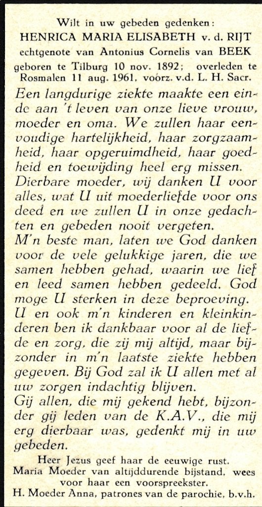 Rijt Henrica 1892 Tilburg 1961 Rosmalen, Ophalen of Verzenden, Bidprentje