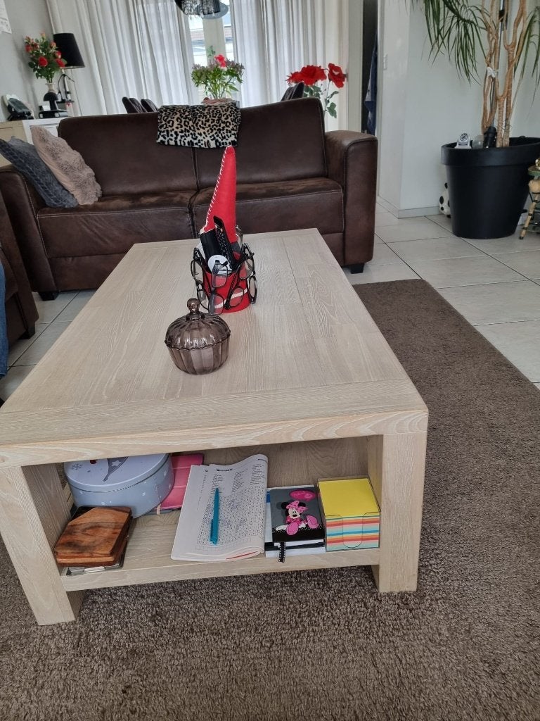 Te koop onze salon tafel, Ophalen, Gebruikt, 100 tot 150 cm, Blank hout