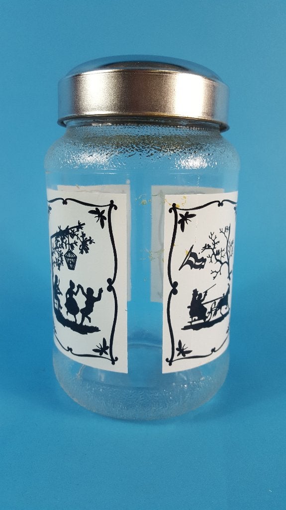 Nescafe glazen voorraadpot, silhouet afbeeldingen. 6C7, Tweedehands verkoop, Tweedehands verkoop, Gebruikt, Ophalen of Verzenden