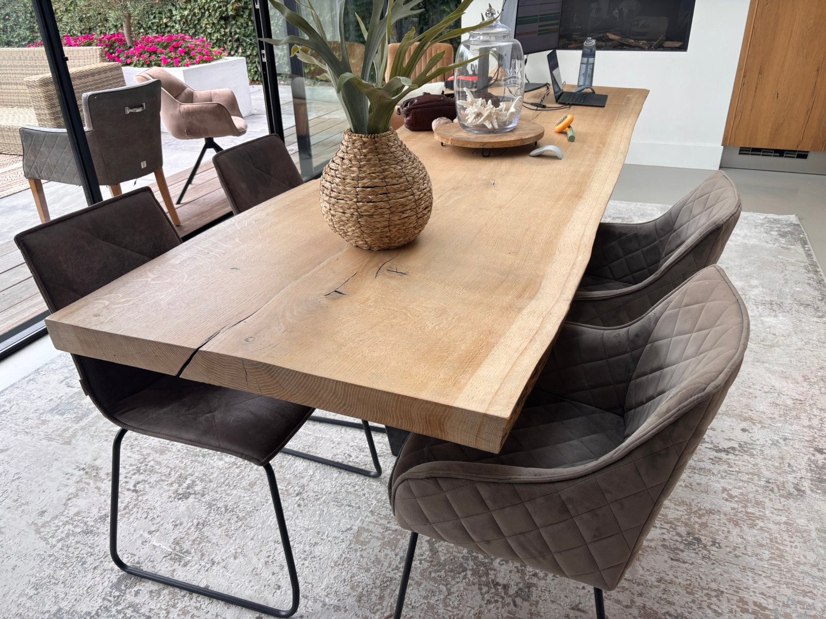 Set van 4 Rivièra Maison eetkamerstoelen – taupe/bruin, Ophalen, Stof, Gebruikt, Overige kleuren