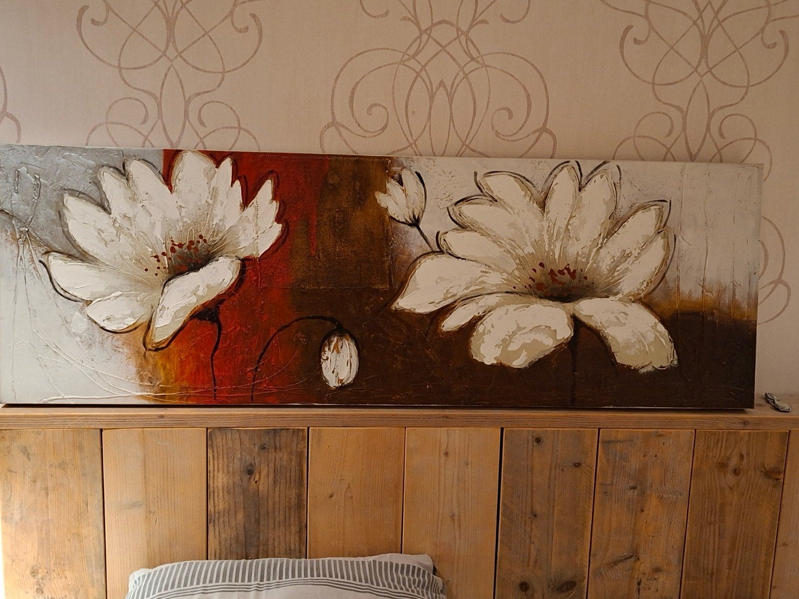 Schilderij met witte bloemen op canvas, Antiek en Kunst, Ophalen, Handgeschilderd, Olieverf, Bloemen