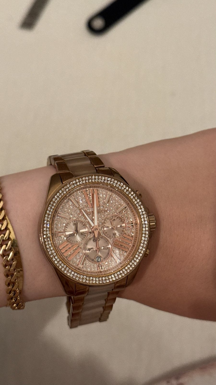 Michael Kors Rosegoud Horloge met Strass 6096, Overige merken, Gebruikt, Staal, Polshorloge