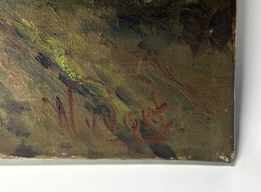 699. Schilderij, W. van Oort – heidegezicht, ca.1920, Op houten frame, Olieverf, Textiel, Landschap