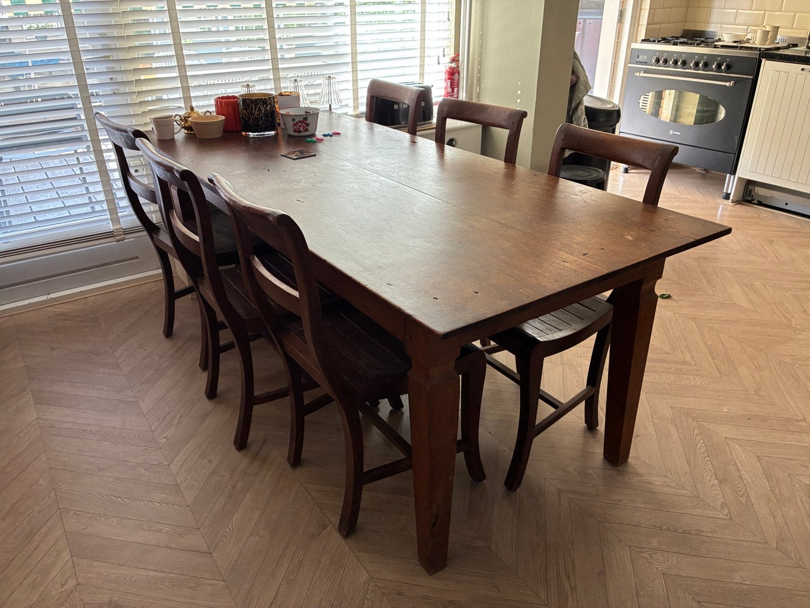 Antieke eettafel met 6 bijpassende stoelen, Antiek en Kunst, Ophalen of Verzenden